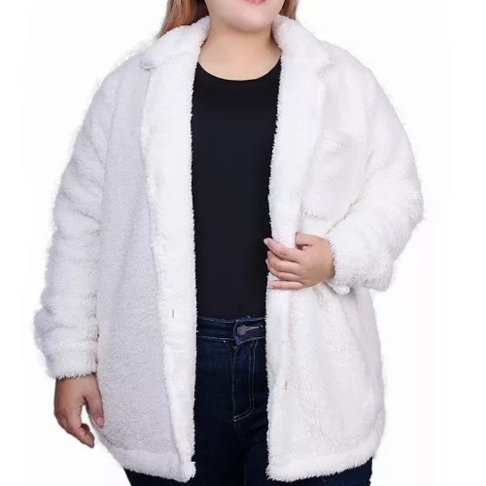 NY Collection Long Sleeve Button Front Sherpa Fluffy Ivory Jacket Womens Size 2X